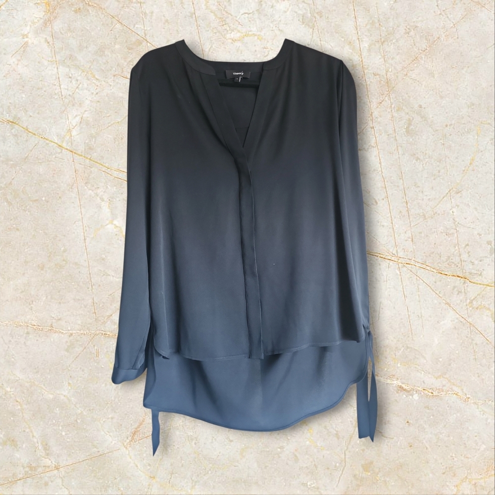 Theory Black Layered V-Neck Long Split Sleeve Blouse